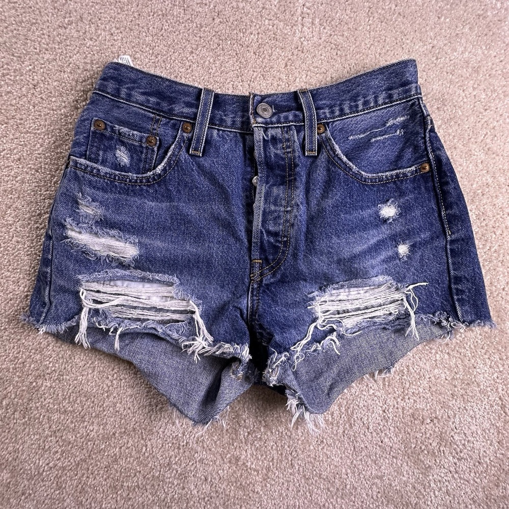 Levis 501 Shorts Womens 25 Blue Button Fly Denim Cut Off High Rise Distressed